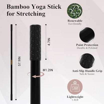 Yoga Stick for Stretching, 5ft Exercise Stick for Mobility & Flexibility, Bamboo Stretch Bar and Posture Pole with Non-Slip Grip - Includes Free Video Guide - color: Black
