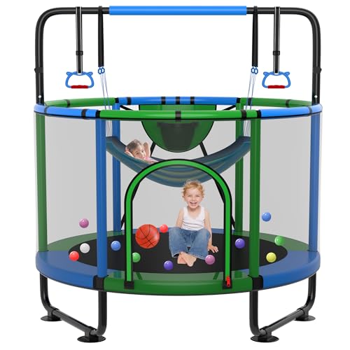 SKYUP 54"/60''/66" Mini Trampoline for Kids Ages 3+, 400LBS No-Gap Toddler Trampoline with Net, Swing, Adjustable Gymnastics Bars, Basketball Hoop, Indoor/Outdoor Trampoline, Boys & Girls Gifts Toys - color: Green, size: 5FT