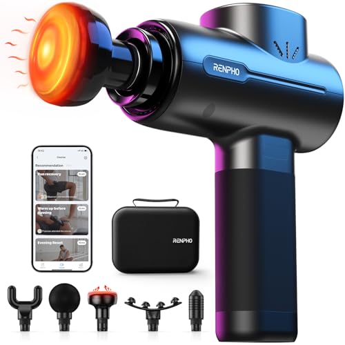 RENPHO Active+ Thermal Massage Gun with Heat, Fathers Day Dad Gifts, App Control, Deep Tissue Percussion Massager for Back and Neck, Portable Handheld Massager with 5 Speeds, 5 Attachments, Carry Case - color: Coal Black