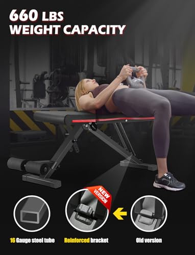 LINODI Adjustable Weight Bench for Home Gym，Foldable Incline Decline Flat Workout Bench for Full Body Strength Training, Dumbbell Press & Ab Exercises - color: Black/Red