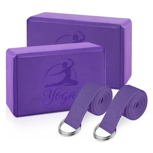 RETON Yoga Blocks Set, High - Density Yoga Block with 2 Strap, Lightweight Foam Brick Yoga Pilates Blocks, Anti-Slip Yoga Brick with Embossed Design for Posture Adjustment and Movement Assistance - color: Purple
