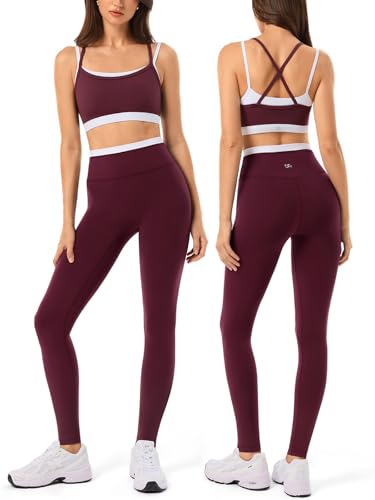 2 Pieces Workout Sets for Women,Seamless Yoga Leggings with Padded Sports Bras,Athletic Matching Outfits,Gym,Casual - color: Red014, size: Medium