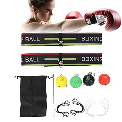 4 PU Boxing Reflex Ball with 2 Adjustable Boxing Ball Headband, 1 Storage Pouch, 1 Threading Needle, Portable Punching Balls for Adults to Improve Hand-Eye Coordination