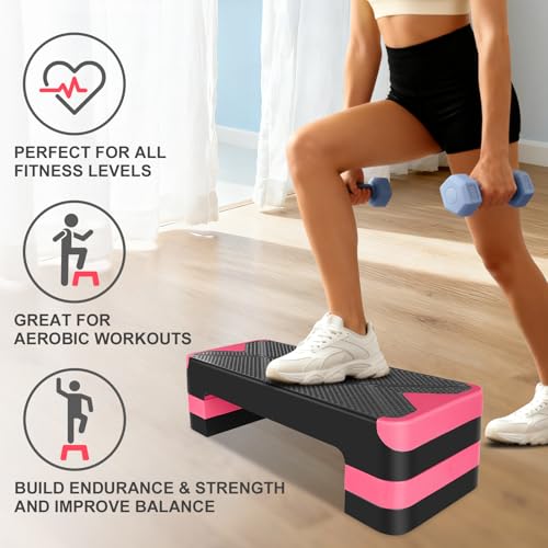 27" Exercise Workout Aerobic Step Platform Trainer, Adjustable Fitness 4-6-8in Exercise Stepper Workout with 4 Risers, Aerobics Stepper Workout Stepper for Home Gym Cardio Strength & Training