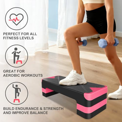 27" Exercise Workout Aerobic Step Platform Trainer, Adjustable Fitness 4-6-8in Exercise Stepper Workout with 4 Risers, Aerobics Stepper Workout Stepper for Home Gym Cardio Strength & Training