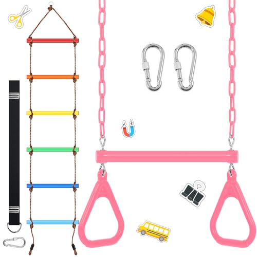 2 Pack Gym Swing Sets 48'' Trapeze Swing Bar Monkey Bar Heavy Duty Chain with Locking 6.8ft Climbing Rope Ladder Climbing Game for Accessories Tree House Playground Outdoor Play (Pink) - color: Pink