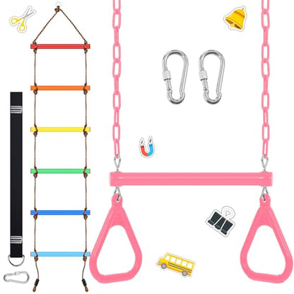 2 Pack Gym Swing Sets 48'' Trapeze Swing Bar Monkey Bar Heavy Duty Chain with Locking 6.8ft Climbing Rope Ladder Climbing Game for Accessories Tree House Playground Outdoor Play (Pink) - color: Pink