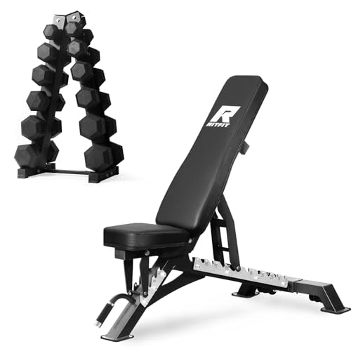 RitFit Rubber Coated Hex Dumbbell Set with Rack, 5-780LB for Home Gym Strength Training, Anti-Slip Knurled Handle, Hexagon Anti-Roll, Heavy-Duty Storage Rack - style: 350 LB Set with Adjustable Weight Bench (10-50LB）