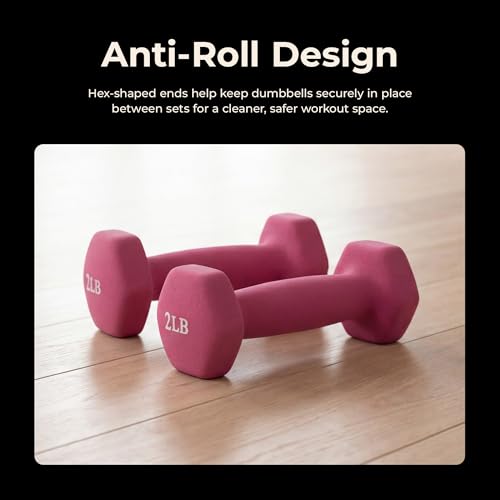 Sunny Health & Fitness Neoprene Coated Hex Shaped Dumbbell Non-Slip Fitness Weights for Home Gym Exercise, Full Body Workout Strength Building, Weight Loss, Sold in Pairs - Sizes - 2LB, 5LB, 8LB, 10LB