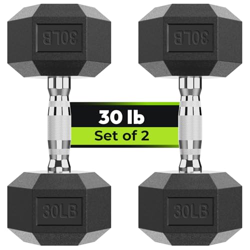 HANDBODE Hex Dumbbell Set, 2.5-65 lb Rubber Encased Exercise & Fitness Dumbbells, Weights Dumbbells Set of 2, Hand Weight for Strength Training - size: 30 lb, Pair, style: Chrome Handle