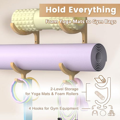 Wooden Yoga Mat Holder Wall Mount, Yoga Mat Storage Rack, Home Gym Equipment Organizer, Wall Mount Workout Storage Holder for Hanging Foam Rollers and Resistance Bands