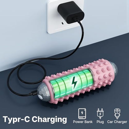 Mini Electric Massage Roller 4 Speeds Vibrating Massage Ball, 2-in-1 Portable Muscle Massager Gun & Roller for Muscle Relief, Detachable Heads, Rechargeable, For Fitness, Office, Travel (Pink)