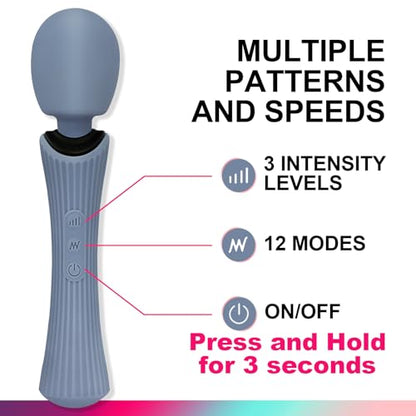 Handheld Personal Wand Massager with 12 Vibration Modes, 360° Flexible Neck, IPX7 Waterproof Cordless USB Rechargeable Quiet Therapy Tool for Body Neck Shoulder Back Muscle Relief, Blue