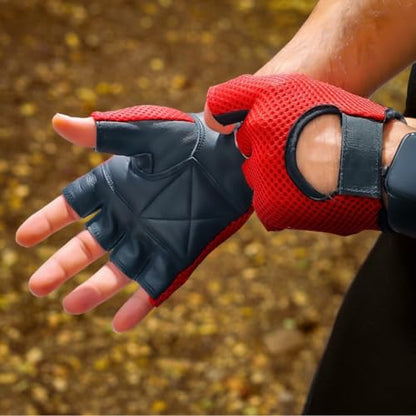 Leather MESH Fingerless Weight Lifting Exercise Gym Wheelchair Gloves Black/RED WLG-021