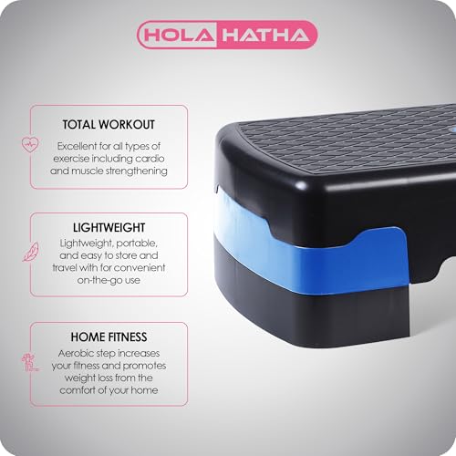 HolaHatha Compact Portable Aerobic Step Platform Exercise Fitness Equipment, Cardio Stepper with Adjustable Height for Home Gym - color: Black/Blue