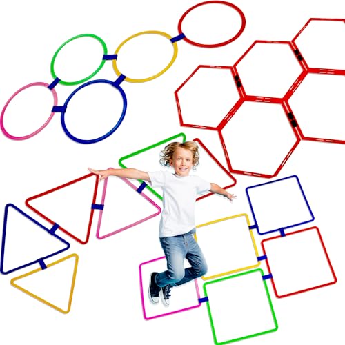 4 Set Hopscotch Ring Game with Connectors Obstacle Course Outdoor Indoor for Kids Fun Squares Round Triangular Hexagonal Agility Training Rings Playground for Girls Boys