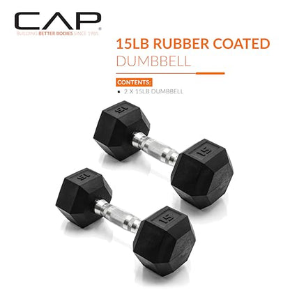 CAP Rubber Coated Dumbbell Weights, Free Weights for Home Gym Strength Training, Anti-Roll Hex Dumbbells with Black, Chrome & Comfort Grip Handles, Pairs & Sets - size: 15 lb - Pair, style: Chrome Handle