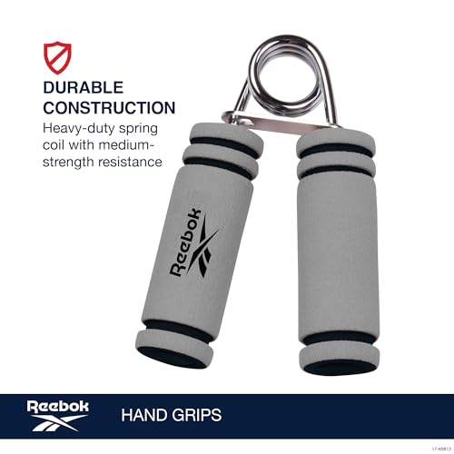 Reebok 2-Pack Hand Grips, Spring Coiled Wrist, Fingers & Forearm Strength Trainer with Soft Foam Handles, Improves Grip Strength, Resistance Hand Gripper for Manual Exercises & Rehab - color: Grey/Black