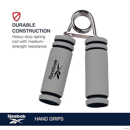 Reebok 2-Pack Hand Grips, Spring Coiled Wrist, Fingers & Forearm Strength Trainer with Soft Foam Handles, Improves Grip Strength, Resistance Hand Gripper for Manual Exercises & Rehab - color: Grey/Black