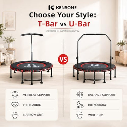 40/48" Low-Impact Rebounder Trampoline for Adults with Bungee, 450/550LBS Quiet Mini Exercise Trampoline with Adjustable U/T-Shaped Foam Handle Bar, Fitness Equipment for Indoor/Gym Workout - size: 48 inch, style: T-Bar