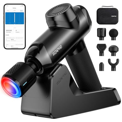 RENPHO Power+ Thermacool Deluxe Massage Gun with Heat and Cold, Fathers Day Dad Gifts, 12mm Amplitude Deep Tissue Percussion Massager with Charging Stand, App Controlled Guided Course, 6 Speeds - color: Tar Black
