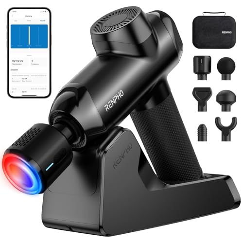 RENPHO Power+ Thermacool Deluxe Massage Gun with Heat and Cold, Fathers Day Dad Gifts, 12mm Amplitude Deep Tissue Percussion Massager with Charging Stand, App Controlled Guided Course, 6 Speeds - color: Tar Black