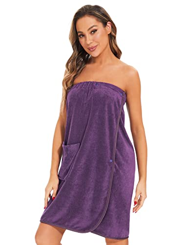 Knuffnee Women Bath Towel Robe Spa Body Wrap Shower Bathrobe Adjustable Snap Closure - color: Purple, size: X-Large