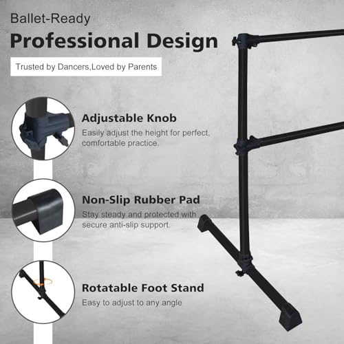 4FT Freestanding Ballet Barre,Adjustable Height 6.7–46", Portable Double Dance Bar for Home Ballet Training,Stretching, Pilates,Kids & Adults – Non-Slip, Easy Assembly & Storage - color: Black + Steel