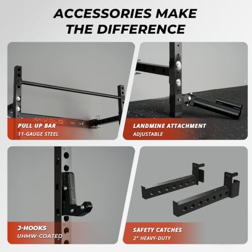 Mikolo 2" x 2" Folding Wall Mounted Squat Rack, 1000 Pounds Capacity Power Rack with Pull Up Bar, J Hooks and Other Attachments, Space-Saving Home Gym - color: Black, style: Squat Rack with Safety Catches
