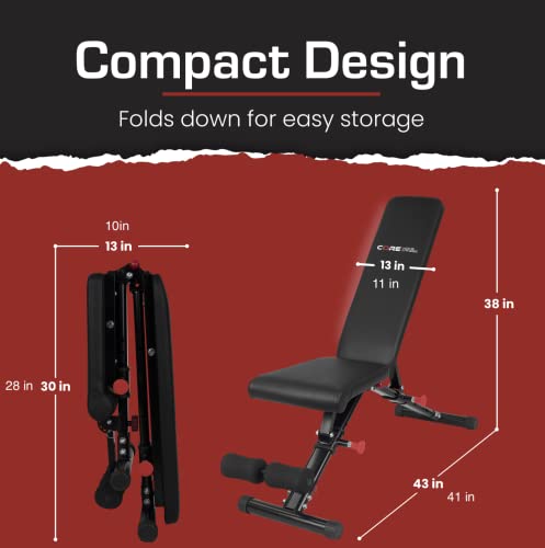 Adjustable Weight Bench By Core Home Fitness, Foldable Adjustable Bench for Full Body Workout, Incline/Decline/Flat Benchs FAB100
