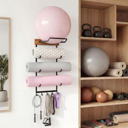 Yoga Mat and Ball Holder Wall Mount, 4-Tier Yoga Mat & Ball Storage Rack, Home Gym Organizer, Black Metal Floating Shelf for Hanging Foam Rollers & Resistance Bands(5 Hooks Style,Wood Color)