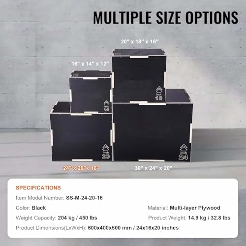 Plyometric Jump Box - 24/20/16 Inch Wooden Plyo Box - Adjustable Fitness Platform for Home Gym, Strength Training & Agility Drills - Black