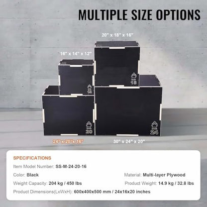 Plyometric Jump Box - 24/20/16 Inch Wooden Plyo Box - Adjustable Fitness Platform for Home Gym, Strength Training & Agility Drills - Black