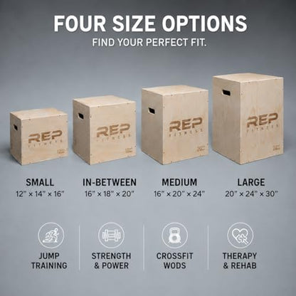 Rep Plyometric Wood Jump Box | CrossFit & Strength Training | 12 to 30" Range of Wooden Step Platforms | Gym & Sports Workouts | Fitness, Exercise, Physical Therapy Equipment | Pro Conditioning Tool - size: Medium, 24" x 20" x 16"