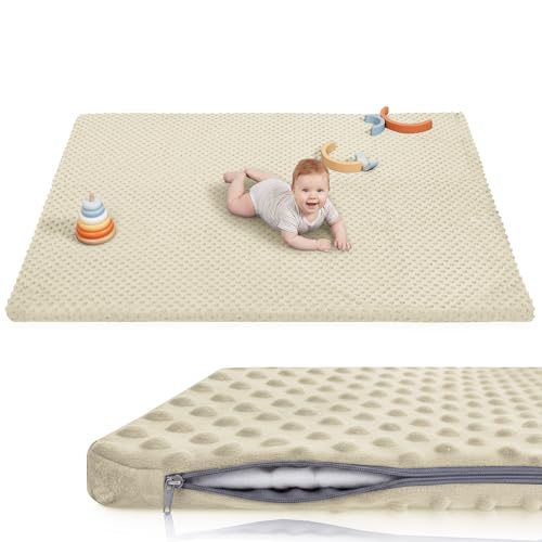 Huloo Sleep Baby Play Mat for Floor, Extra Thick 74x50 Inches Padded Mat with Ultra Soft 3D Minky Dot & Removable Washable Cover, Tummy Time Rug, Crawling Surface for Infant Toddler Kids (Beige) - color: Beige, size: 50"×74"×1.3"