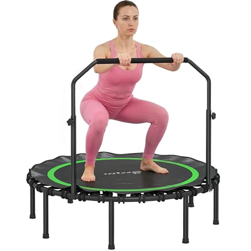 Soozier 45"/48" Rebounder Trampoline for Adults, 440lbs Foldable Mini Trampoline with Adjustable Handle, Quiet and Safe Bungee Rebounder Jumping Cardio Trainer for Indoor Outdoor Fitness Workout - color: Green, size: 48"