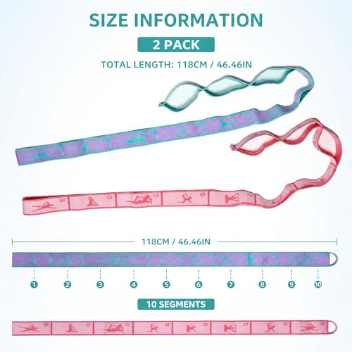 2-Pack 10-Level Fitness Resistance Band 46.4" x 1.57", Digital Markings & Body Chart - Stretching Bands for Yoga, Pilates, Dance Warm-Ups & Home Workouts