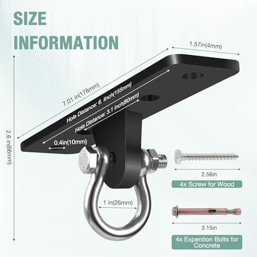 Heavy Bag Hangers Brackets, Heavy Duty Swing Hangers, Swing Set Accessorie for Indoor Outdoor Playground, with 4 Wood Screws and 4 Expansion Bolts (Black, 4 Holes Ceiling Anchor)
