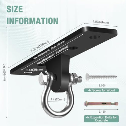 Heavy Bag Hangers Brackets, Heavy Duty Swing Hangers, Swing Set Accessorie for Indoor Outdoor Playground, with 4 Wood Screws and 4 Expansion Bolts (Black, 4 Holes Ceiling Anchor)