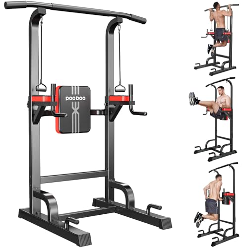 Pooboo Power Tower Dip Station Pull Up Bar for Fitness Home Gym Workout,450 Pounds Multi-Function Adjustable Height Fitness Strength Training Exercise Equipment,with Power Elastic Ropes - color: Black Red-02