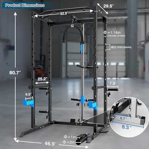 Power Cage, Multi-Functional Power Rack with J-Hooks, Dip Handles, Landmine Attachment and Optional Cable Pulley System for Home Gym - size: 240LB Weights Package+Flat Bench