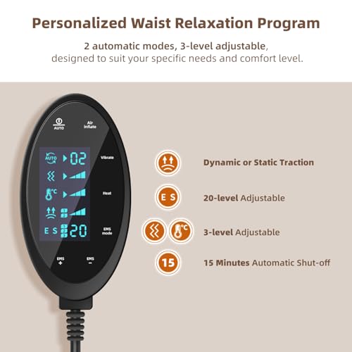Electric Lumbar Traction Device, Multifunctional Back Traction Device with Dynamic Airbag Traction, 20-Level Electrotherapy, 3-Level Vibration Massage and Thermal Therapy from 113 to 131℉
