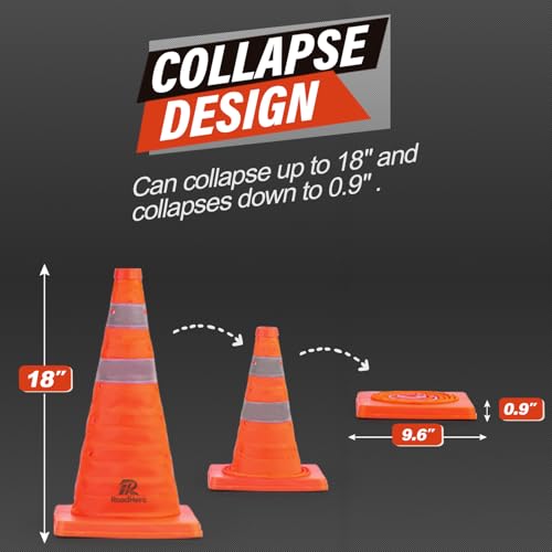 RoadHero 18 Inch 4 Pack Collapsible Traffic Safety Cones, Multi Purpose Pop-up Cones with Reflective Collar for Road Safety, Orange Cones for Driving Training, Parking Lots - size: 18 Inch