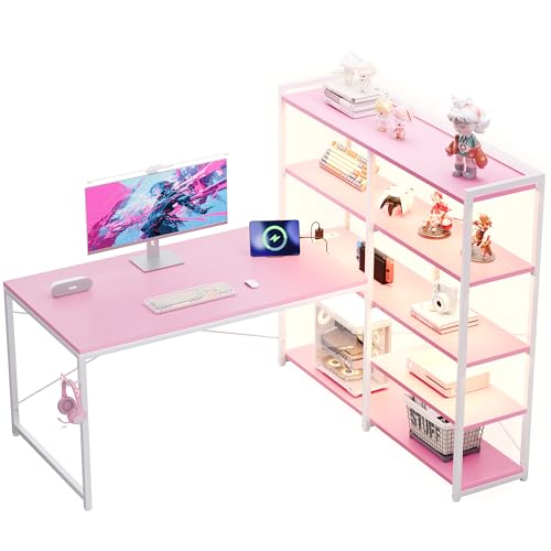 Pamray 49 Inch L Shaped Gaming Computer Desk with Shelves and Storage - color: Pink