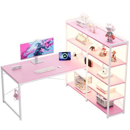 Pamray 49 Inch L Shaped Gaming Computer Desk with Shelves and Storage - color: Pink
