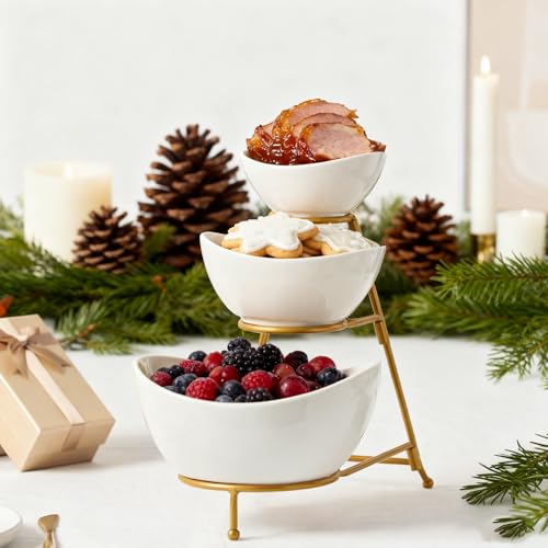 3 Tiered Oval Serving Bowl with Collapsible Metal Rack, Chip and Dip Serving Set, Dessert Appetizer Bowl Set (45oz / 17.5oz / 7oz), White Serving Bowls For Entertaining (Gold Stand)