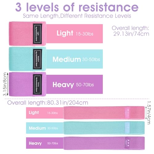 6PCS Fabric Resistance Bands for Legs, 3 Strength Level Elastic Stretching Assist Band with Portable Bag, Non-Slip Workout Bands for Squats Yoga Therapy, Women Cloth Band for Working Out
