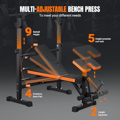 YOLEO 6 in 1 Space Saving Weight Bench Set for Home Gym, Fast Folding & Adjustable Workout Bench, Bench Press Rack/Leg Extension/Preacher Curl/Sit up(1-Step Folding) (Black)