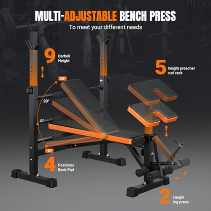 YOLEO 6 in 1 Space Saving Weight Bench Set for Home Gym, Fast Folding & Adjustable Workout Bench, Bench Press Rack/Leg Extension/Preacher Curl/Sit up(1-Step Folding) (Black)