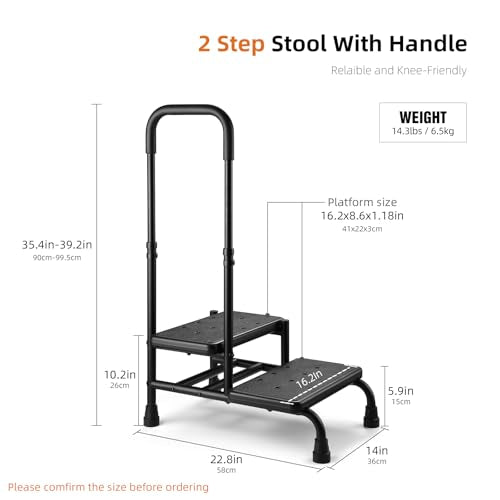 Step Stool with Handle, Non Slip Platform and Adjustable Handrail, Two Step Stool for Ederly, Adults and Handicap, Heavy Duty Foot Stool for High beds, Kitchen, Bathtub